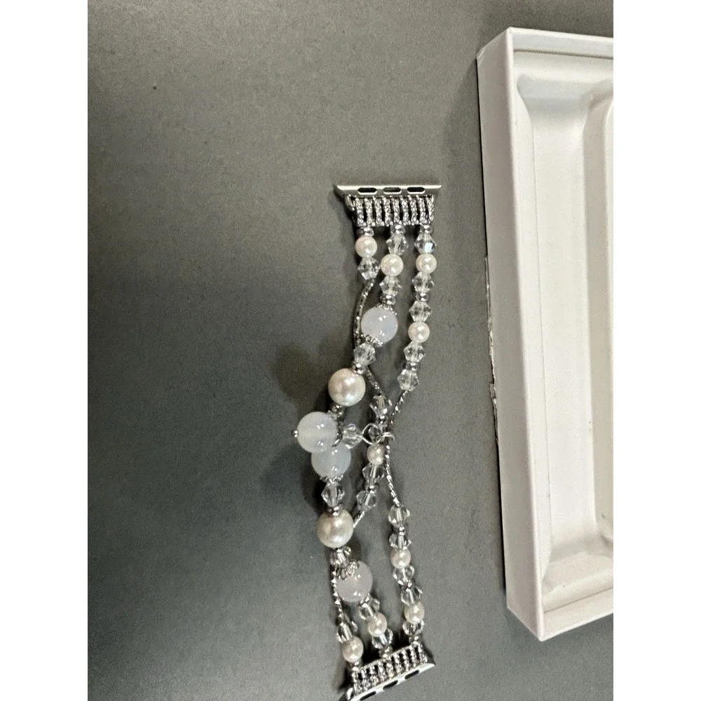 38mm Apple Watch Compatible Pearl Crystal Beaded Bracelet Band Silver w/ Box
